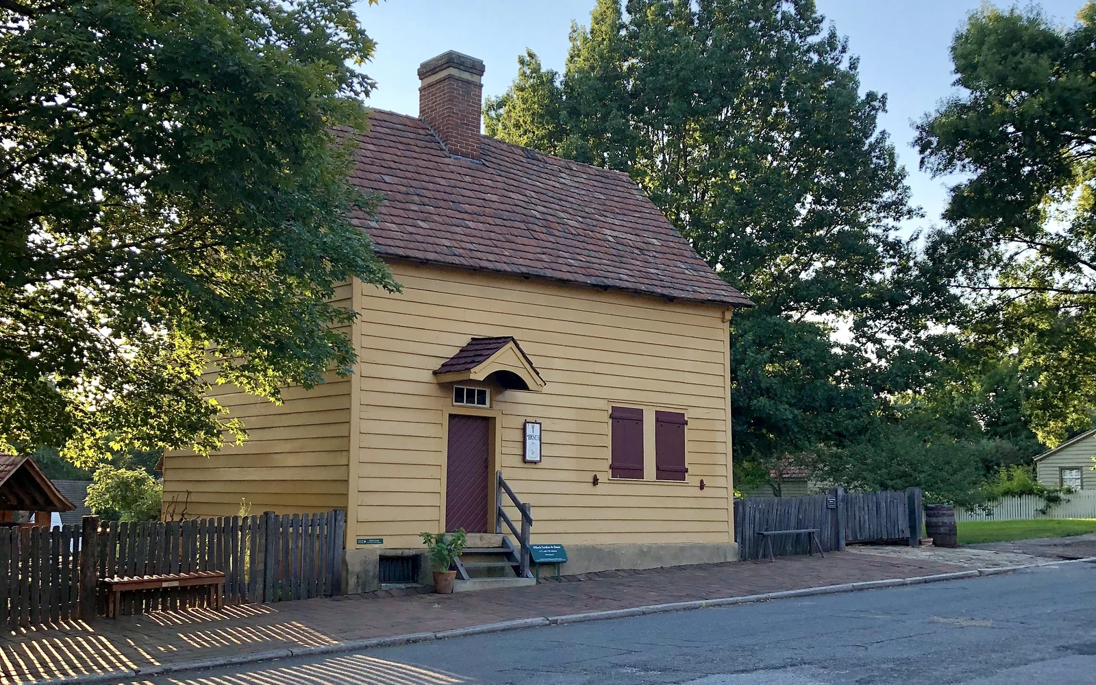 Golden evening light on a historic building in Old Salem, Winston-Salem