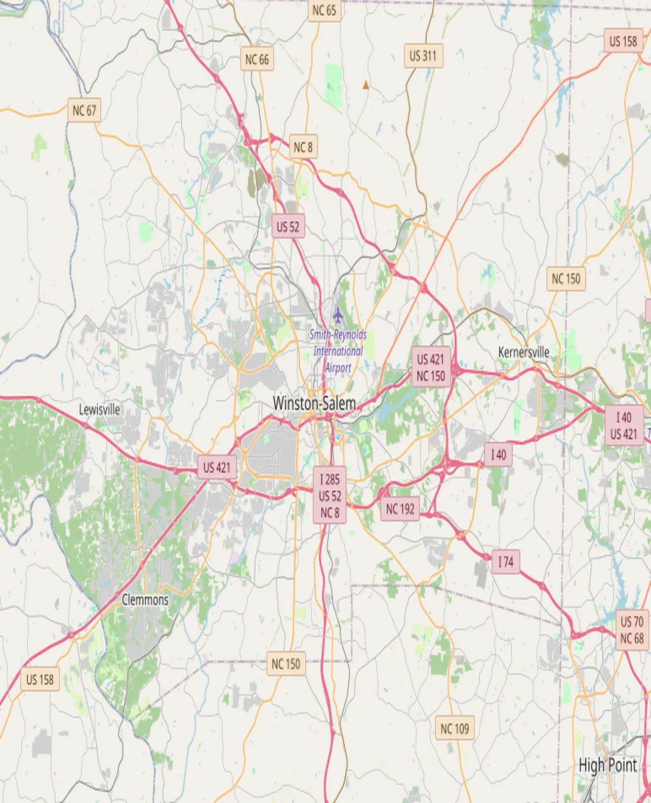 Map of the Winston-Salem, North Carolina area